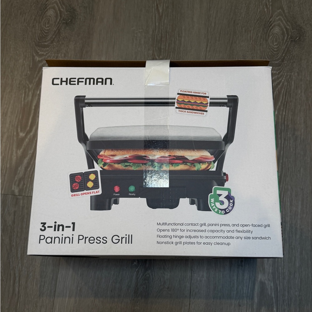Brand New Chefman Black 3-in-1 Panini Press Grill